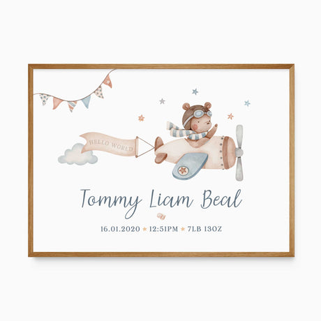 Bear pilot newborn keepsake birth print with custom birth baby details