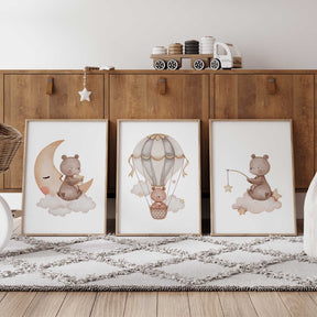 Bear nursery wall art set of three prints in soft neutral tones