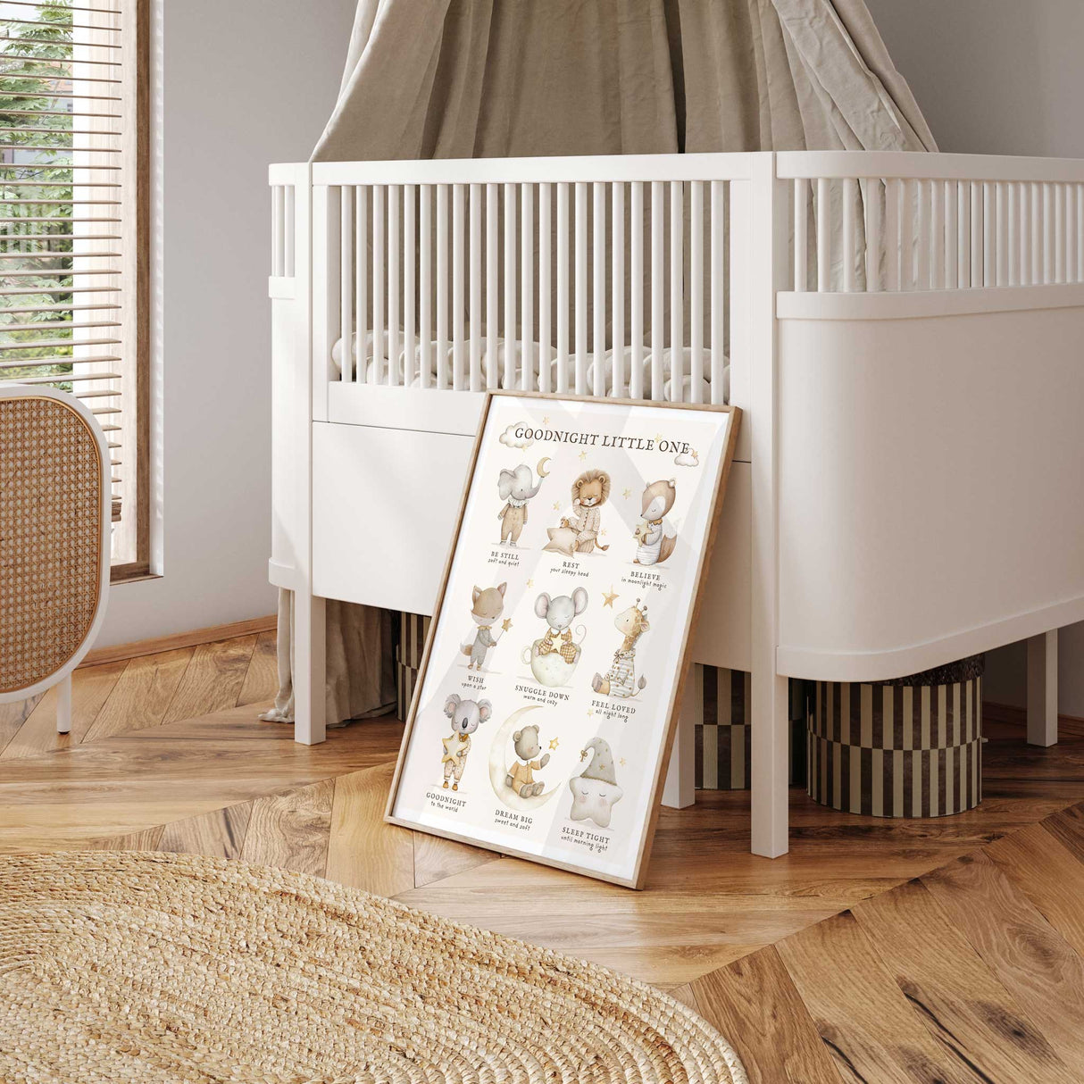 Bedtime nursery wall art with soft neutral animals and gentle bedtime phrases for baby rooms and toddler bedrooms.