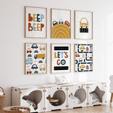Six car wall art prints with Beep Beep and Let's Go lettering, cars, buses and road scenes in mustard, rust and navy.