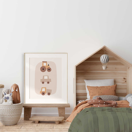Minimalist vehicle print featuring a tan tractor, beige car and small truck with brown wheels on an off-white background.