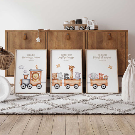 Faith-based baby room decor with Christian scripture prints