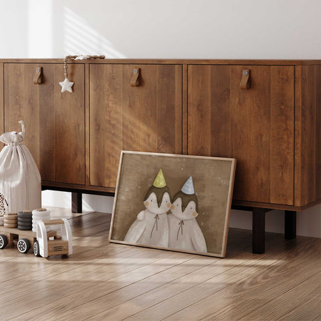 Birthday animal wall art print featuring two penguins in party hats