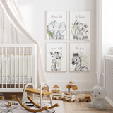 black and white safari nursery prints set of 4 with elephant giraffe leopard and zebra