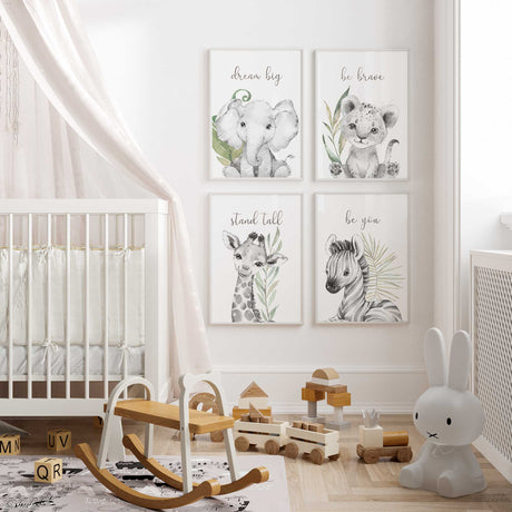 black and white safari nursery prints set of 4 with elephant giraffe leopard and zebra