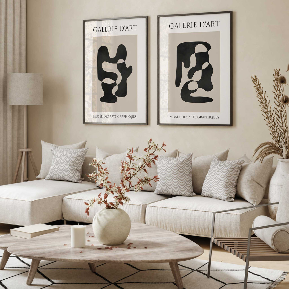 Set of two black and beige abstract prints with flowing organic shapes, cream margins and French gallery lettering.