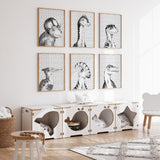 Six black and grey dinosaur portraits on white backgrounds with repeating black marks, forming a coordinating art set.