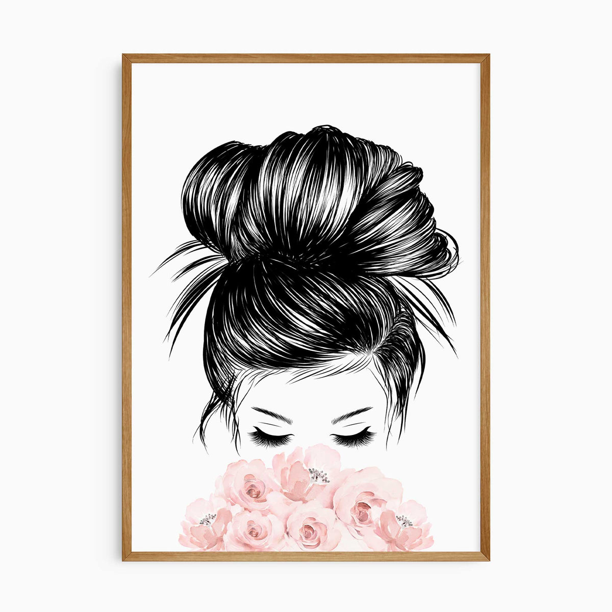 Black-and-white portrait of a woman with her hair in a bun, partly covered by soft pink flowers