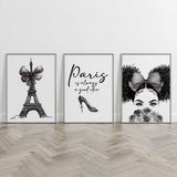 Black and white Paris fashion art set with girl portrait, Paris is always a good idea quote and Eiffel Tower illustration.