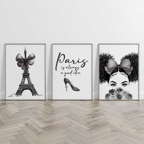 Black and white Paris fashion art set with girl portrait, Paris is always a good idea quote and Eiffel Tower illustration.