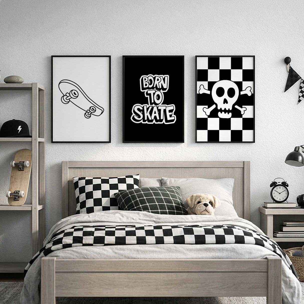Black and white skateboard prints for modern boys room decor