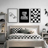 Black and white skateboard prints for modern boys room decor