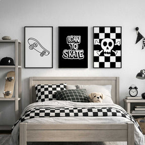 Black and white skateboard prints for modern boys room decor