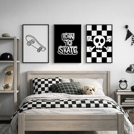 Black and white skateboard prints for modern boys room decor