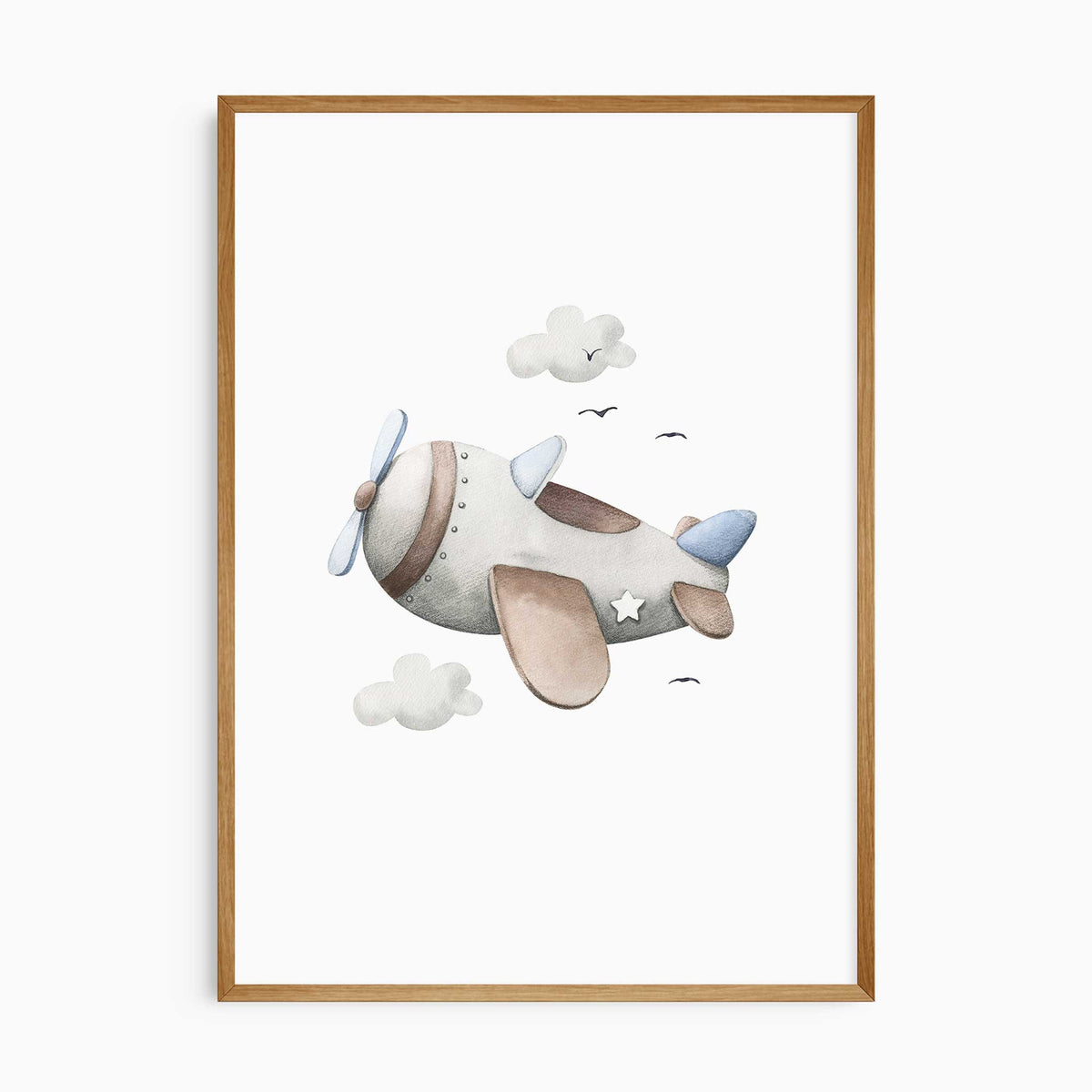 Blue watercolour-style aeroplane wall print flying through soft clouds for a nursery or young child’s bedroom