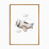 Blue watercolour-style aeroplane wall print flying through soft clouds for a nursery or young child’s bedroom