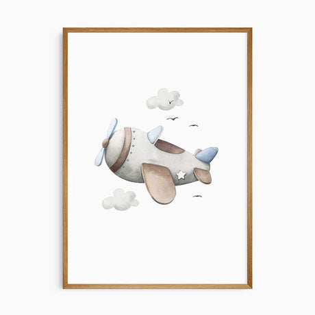 Blue watercolour-style aeroplane wall print flying through soft clouds for a nursery or young child’s bedroom