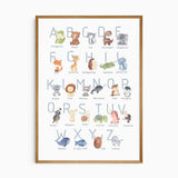 Blue animal alphabet print with uppercase letters and named watercolour animals, from alligator through to zebra.