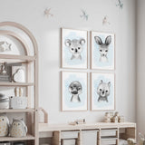 blue watercolour animal nursery wall art set for baby bedroom