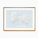 Pale blue animal world map print with white continents, fine wildlife drawings and labelled oceans