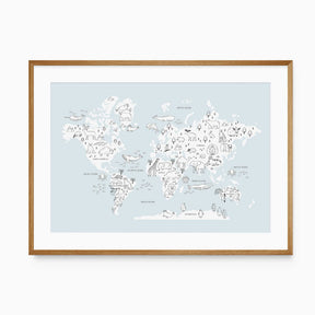 Pale blue animal world map print with white continents, fine wildlife drawings and labelled oceans