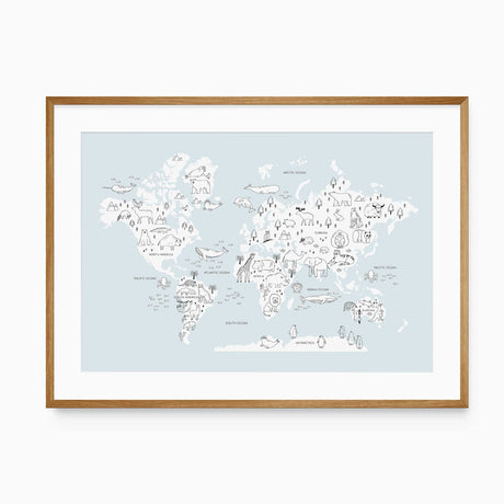 Pale blue animal world map print with white continents, fine wildlife drawings and labelled oceans