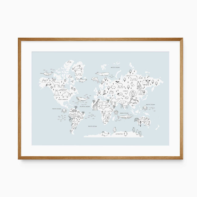 Pale blue animal world map print with white continents, fine wildlife drawings and labelled oceans