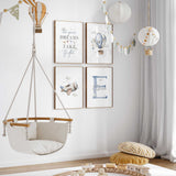 Blue aviation wall art featuring a watercolour hot air balloon, personalised initial and aeroplane for a child’s room