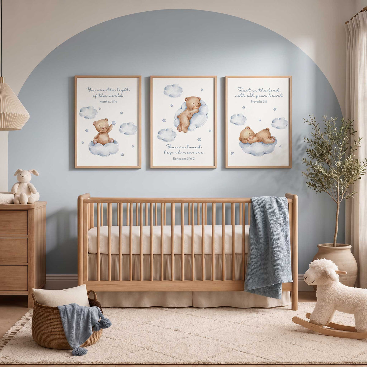 Blue Christian nursery wall art set with three watercolour teddy bears, blue clouds, stars and Bible references
