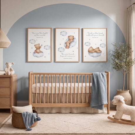 Blue Christian nursery wall art set with three watercolour teddy bears, blue clouds, stars and Bible references