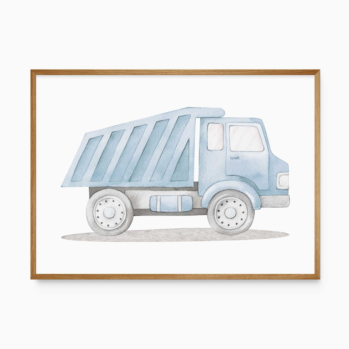Blue dump truck watercolour print with grey wheels and a raised-sided tipper body, shown on a white background.