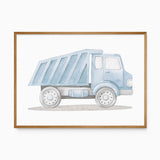 Blue dump truck watercolour print with grey wheels and a raised-sided tipper body, shown on a white background.