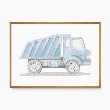 Blue dump truck watercolour print with grey wheels and a raised-sided tipper body, shown on a white background.
