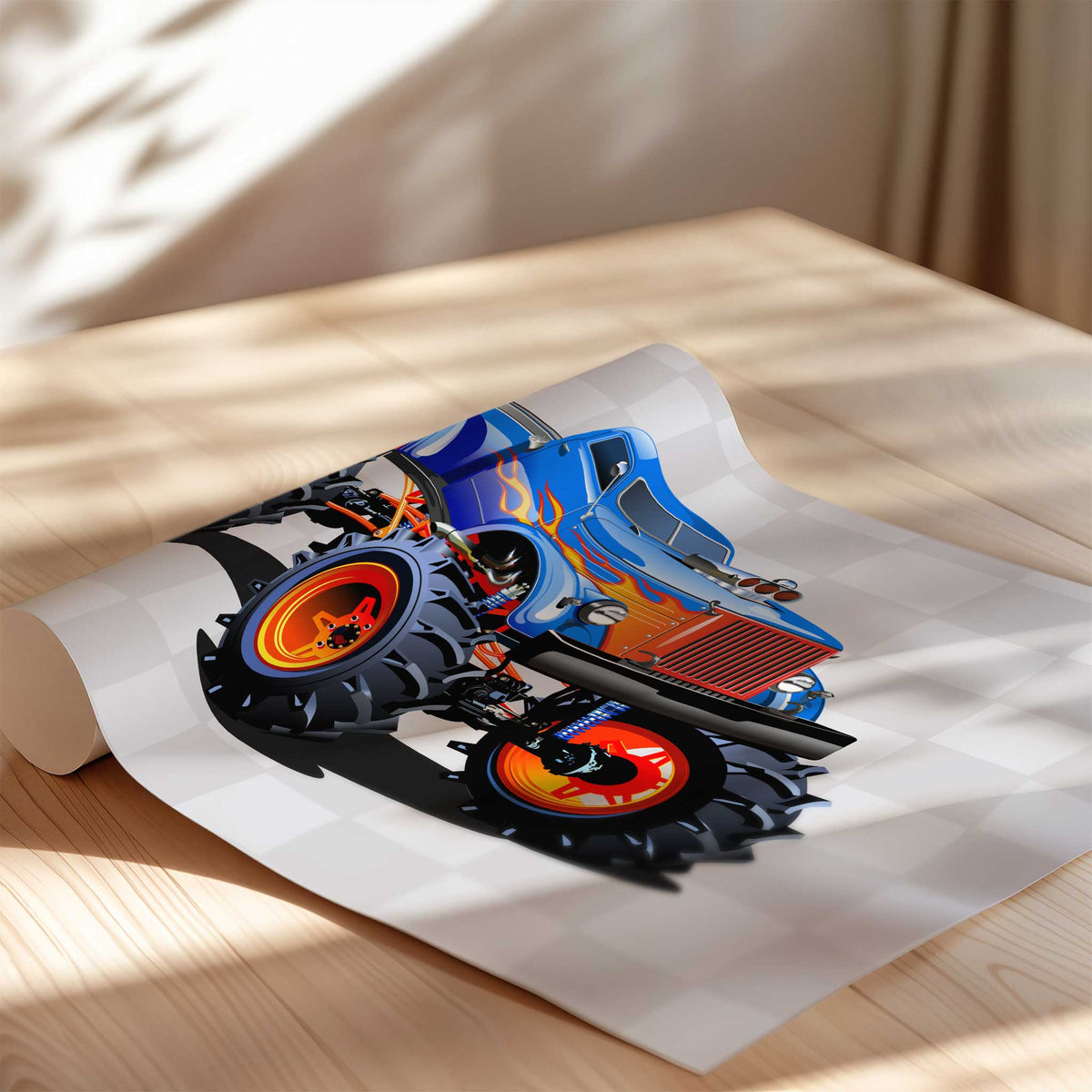 Blue monster truck with orange wheels, flame details and oversized black tyres on a grey check background, shown close up.