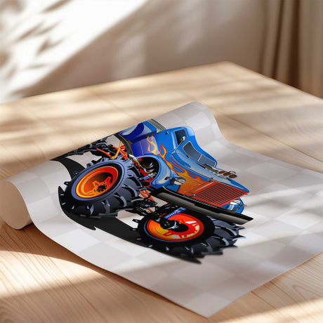 Blue monster truck with orange wheels, flame details and oversized black tyres on a grey check background, shown close up.