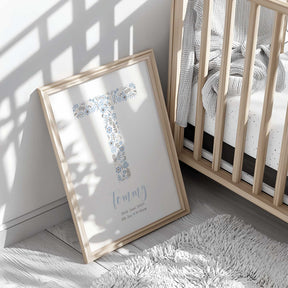 Personalised boys name print in blue floral design with birth details