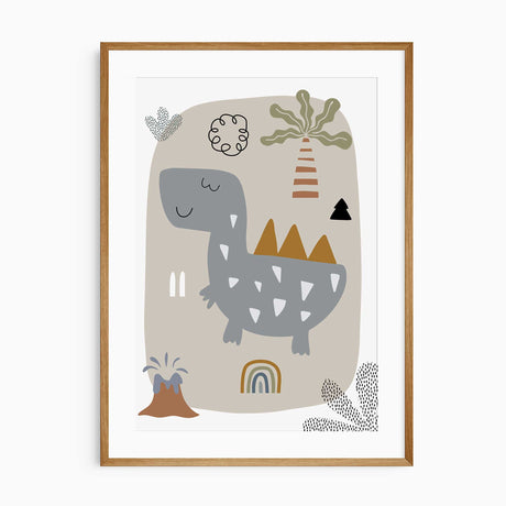 Blue-grey dinosaur with mustard back plates and white markings, surrounded by a palm tree, volcano and small rainbow.