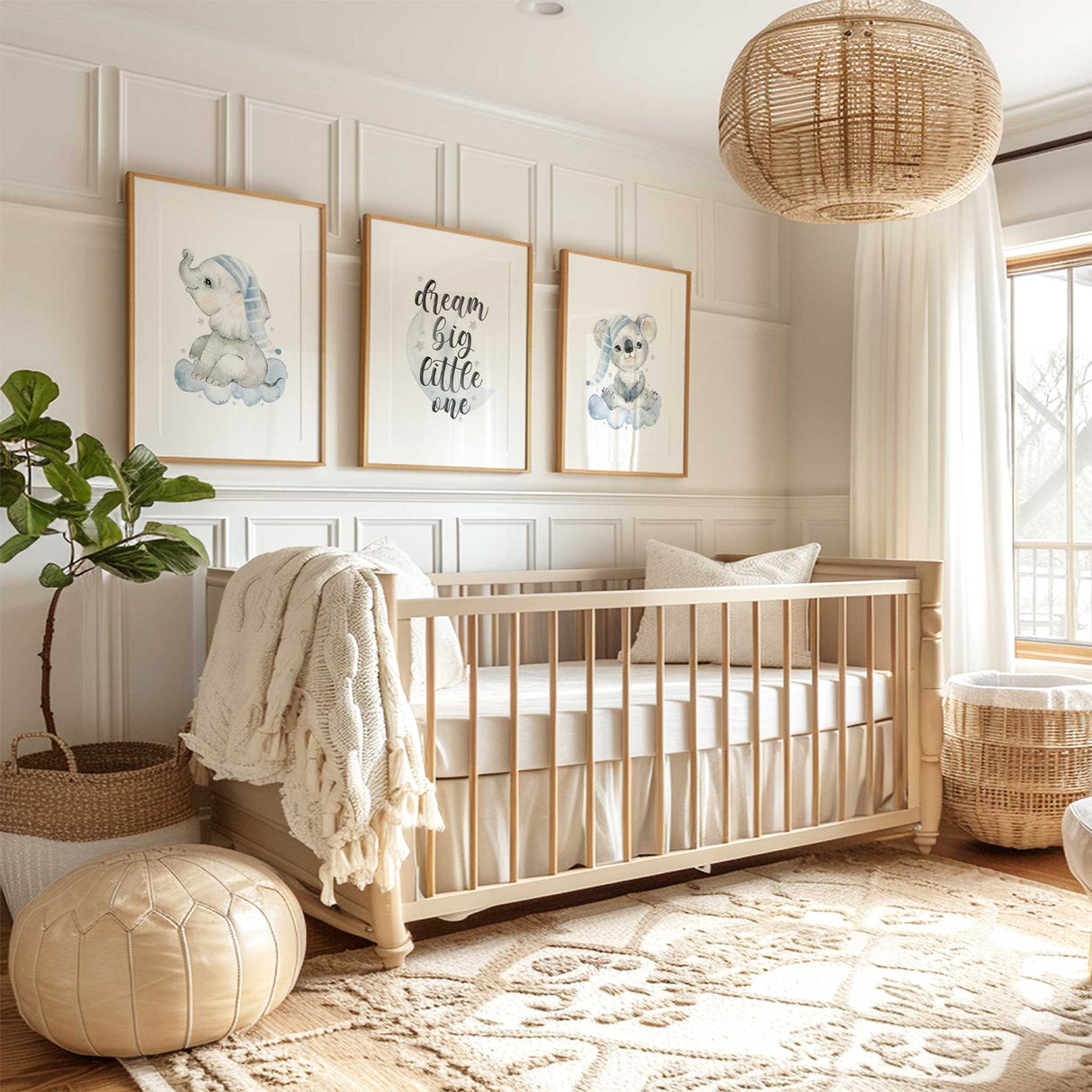 Blue koala and elephant nursery wall art set for baby boy room