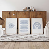 Boys nursery prints set including a smiling sun, positive affirmations, and a muted rainbow, great for kids room decor.