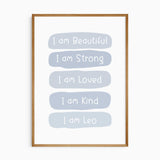 Personalized boys nursery wall art set with a smiling sun, positive affirmations, and a muted rainbow, ideal for boys room decoration.