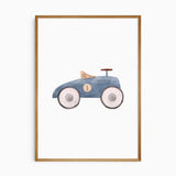 Blue vintage ride-on toy car print featuring the number 1, a tan seat and large pale wheels on a white background.