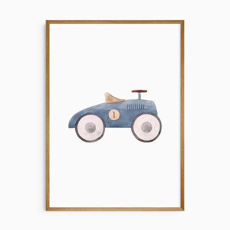 Blue vintage ride-on toy car print featuring the number 1, a tan seat and large pale wheels on a white background.