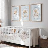 Blue teddy bear nursery wall art set of 3 for a baby boy nursery