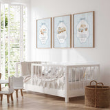 Blue transport nursery wall art set with plane train and car illustrations and Christian Bible verses for boys room