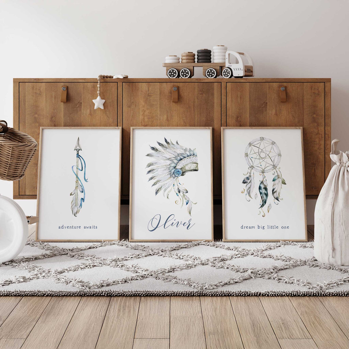 Blue tribal baby boy nursery print set with personalised name, dreamcatcher and feather artwork
