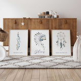 Blue tribal baby boy nursery print set with personalised name, dreamcatcher and feather artwork