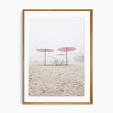 Blush beach umbrellas coastal wall art with soft neutral tones