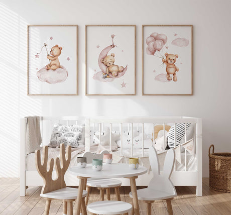 Blush pink and beige teddy bear prints for soft girls bedroom decor