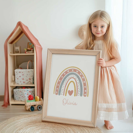 Blush rainbow name print featuring pink, muted blue and mustard arches with heart details and personalised script name