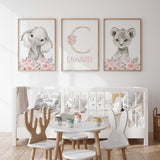 Girls blush nursery safari animal wall art set with floral accents